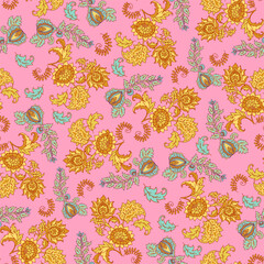 seamless floral pattern, 60s style pattern pink with bright flowers