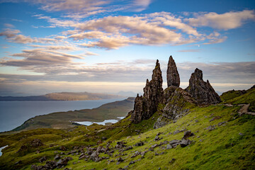 Sunset behind the old man of storr