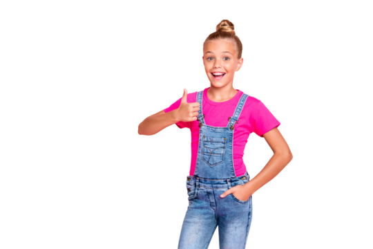 Photo of cheerful cute nice girl showing you thumb up holding hand in jeans overall pocket t-shirt smiling toothily isolated over pink pastel color background
