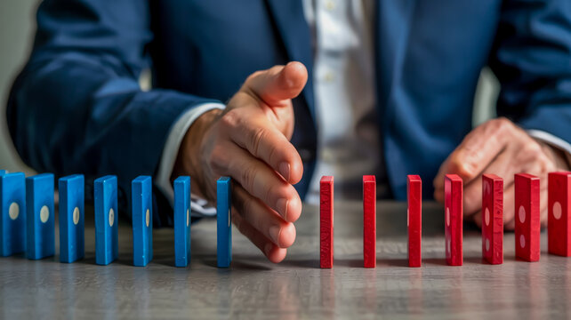 A close-up photograph of a hand reaching across a gray surface to stop a domino effect