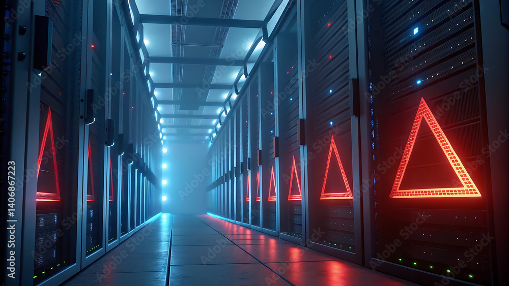 Poster futuristic server room corridor with glowing red triangles warning lights data center technology inf