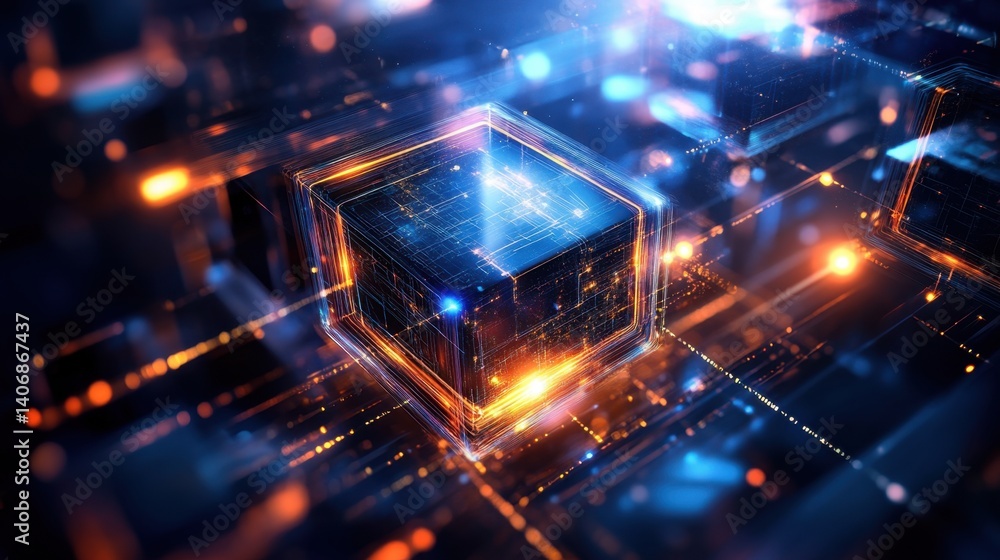 Poster abstract cyber design with glowing cubes and laser lights in vivid tech color palette