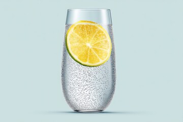 Refreshing Sparkling Water in a Transparent Glass With Lemon Slice Against a Light Background on a Warm Day