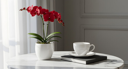 Red Orchid in White Pot on Marble Table with Coffee Cup and Glasses – Elegant Home Interior
