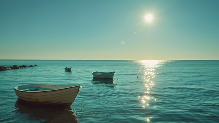 Naklejka premium Azure Water and Beach Boats Resting on the Shore, Sunny Coastal Scene Full of Tropical Charm and Seaside Serenity