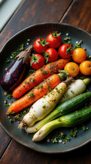 A variety of fresh vegetables including carrots, tomatoes, zucchini, and eggplant are artistically arranged on a dark plate. They are garnished with herbs, showcasing their vibrant colors