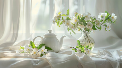 A still life arrangement of a white teapot and flowers in a vase on a draped white surface