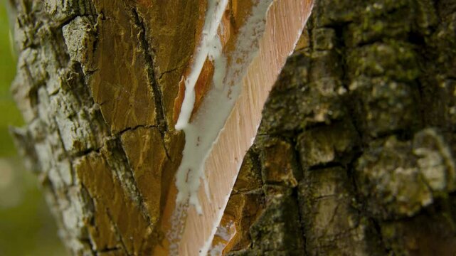 Detailed close-up shot of chicle sap being harvested from the bark of a sapodilla tree in the Peten rainforest, Guatemala. The natural latex slowly oozes from a diagonal cut in the tree.