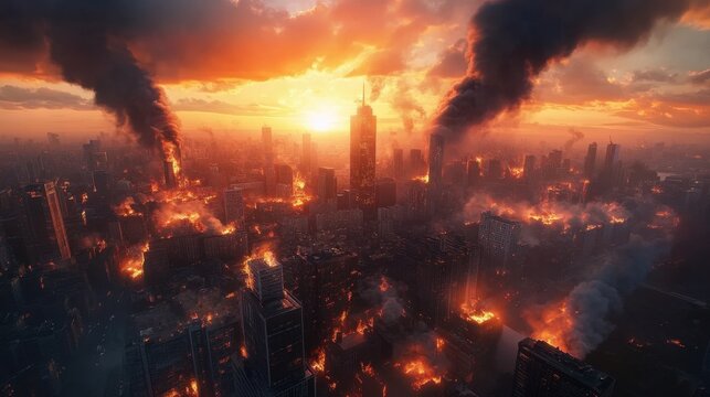 Apocalyptic cityscape with burning skyscrapers and dark smoke billowing into the orange twilight sky