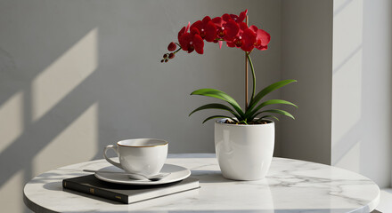 Red Orchid in White Pot on Marble Table with Coffee Cup and Glasses – Elegant Home Interior
