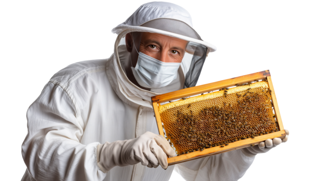 Male beekeeper inspects honeycomb frame in protective gear isolated on white background