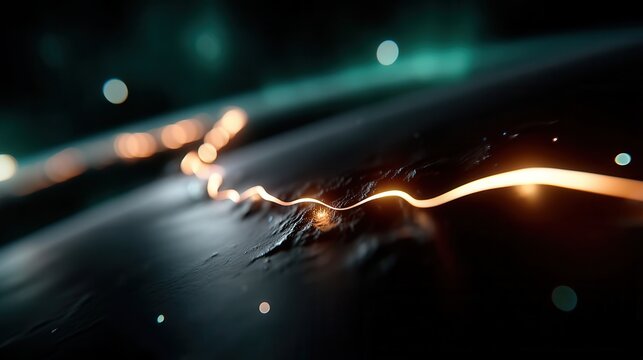 Mysterious glowing light trail on dark surface at night