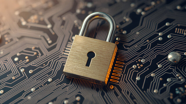 Digital padlock on circuit board. Tech, data security, cyber security, safety lock concept. - Powered by Adobe