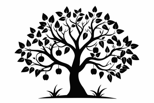 peepal tree silhouette line art vector illustration