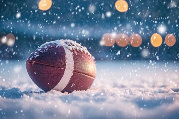 A close-up of a football resting in the snow with blurred stadium lights and falling snowflakes in the background