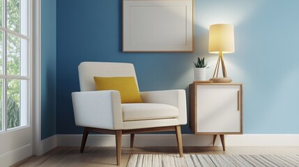Blue-walled modern room with cream armchair, artistic lamp, and simple console styling
