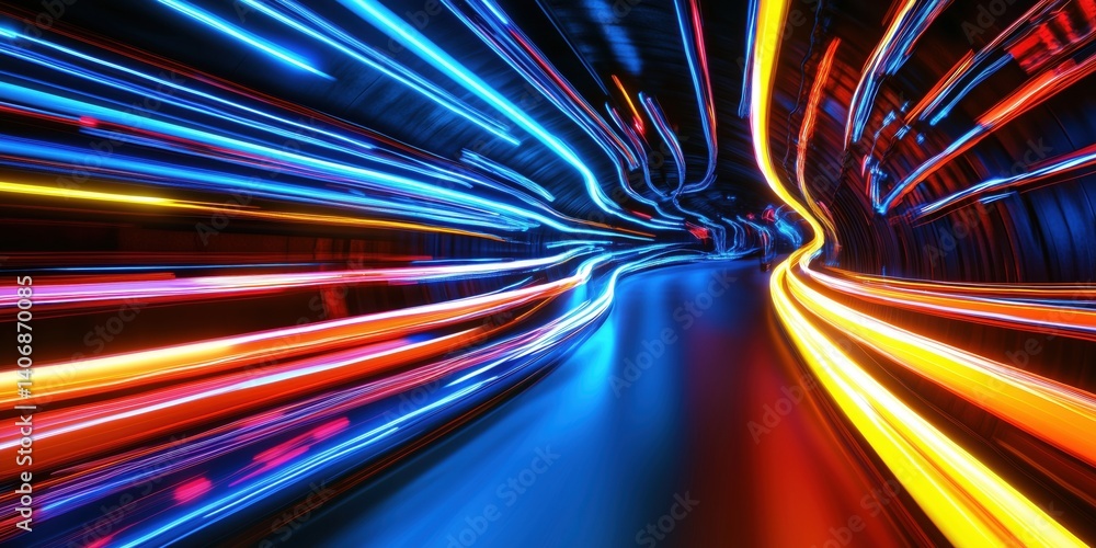 Poster dynamic light trails creating a sense of speed and motion in a tunnel