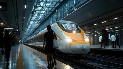 High-speed bullet train at the station during early evening, representing modern public transportation, efficient travel, and advanced railway technology in urban infrastructure