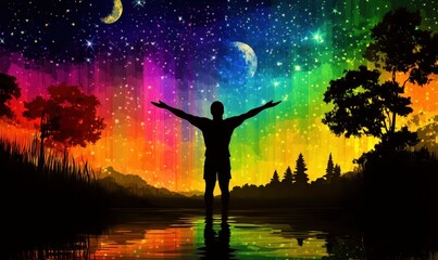 Silhouette of a person embracing colorful cosmic landscape with stars and moons