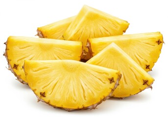 Pineapple slices arranged in a pile on a white background with bright yellow color and juicy texture