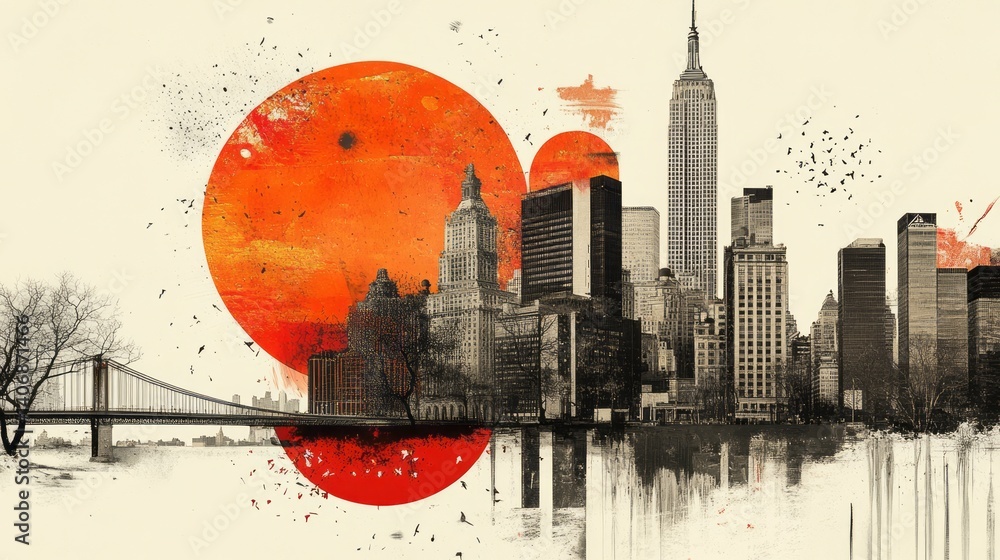 Poster artistic rendering of a city skyline with a bridge element