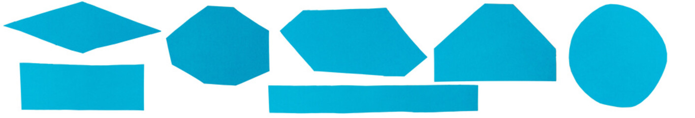 Isolated collection of cian matte paper figures on white background