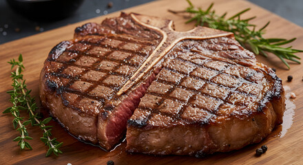 Grilled T-Bone Steak Sliced Medium Rare on Wooden Cutting Board