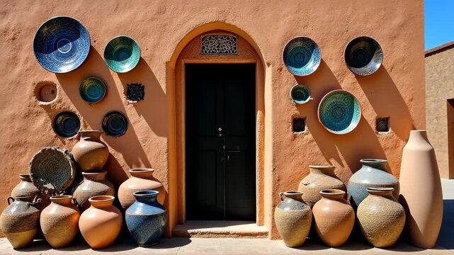 Traditional Arabic souvenirs - colorful clay pots and jugs, Yazd, Iran. Clay jugs of various shapes and natural shades near the adobe wall. There are painted plates on the wall. Generative 4k video