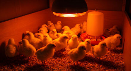 Newly Hatched Chicks Gather Under a Heat Lamp in a Wooden Coop
