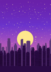 Fototapeta premium Night city poster, cityscape background with bright and glowing Moon
