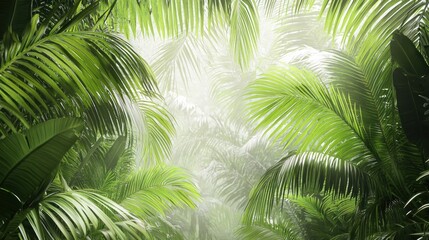 Obraz premium Lush tropical foliage canopy, vibrant greens, mist filled. Dense jungle, rich, exotic plants, sunlight filtering through