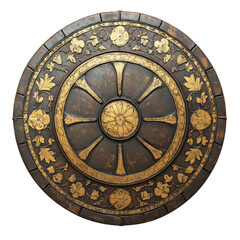 Ancient round warrior shield with cracked golden mosaic and intricate carvings, historic battle armor with detailed craftsmanship.