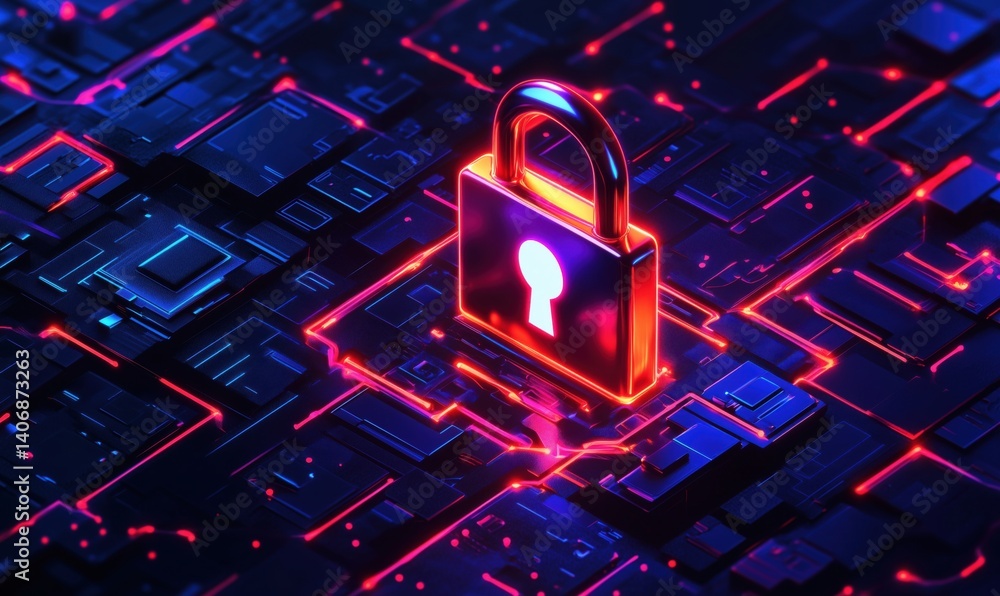 Poster digital lock symbol on futuristic circuit board background with neon lights and patterns