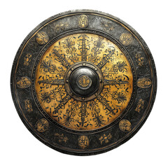 Fototapeta premium Ancient round warrior shield with cracked golden mosaic and intricate carvings, historic battle armor with detailed craftsmanship.