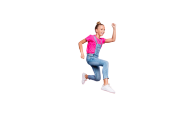 Turned full length body size side profile photo of cheerful cute nice funky girl running towards sales discount at shopping mall wearing jeans denim t-shirt isolated over pastel color background