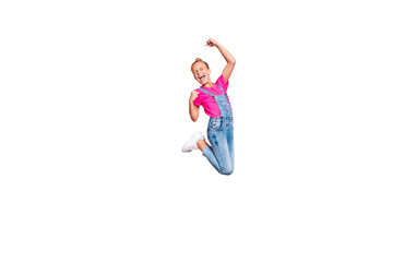 Turned full length body size photo of cheerful cute nice excited schoolgirl jumping up rejoicing wearing jeans denim t-shirt isolated over pastel color background