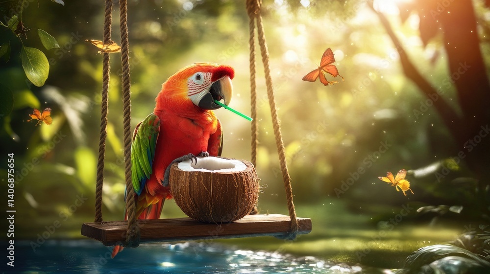 Poster a parrot sitting on a swing sipping from a coconut with a straw