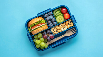  A top-down view of a blue bento box lunch container on a light blue background