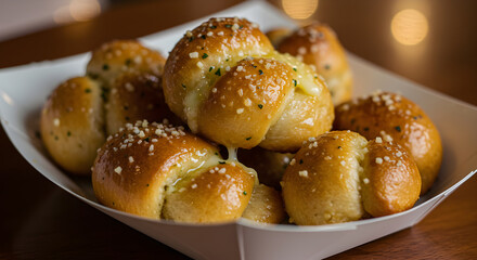 Fototapeta premium Savory Garlic Knots Drizzled In Melted Butter And Parmesan Sprinkled On Top