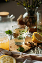 A glass cup filled with herbal tea, garnished with a sprig of mint, sits on a wooden board. Nearby is a jar of honey and a halved lemon, with a honey dipper resting on the board.Vitamin tea with lemon