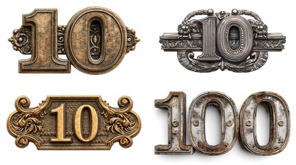 Four antique metal number ten and one hundred plaques.