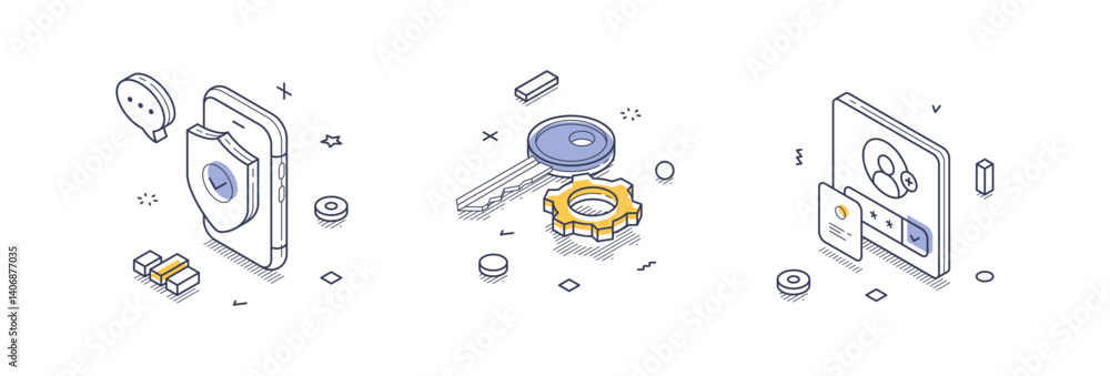 Poster collection of isometric line icons highlights essential elements of internet security, featuring a m