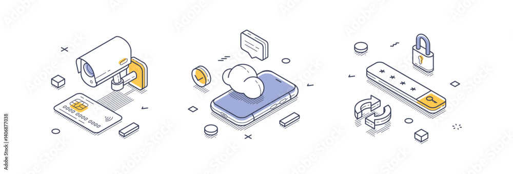 Poster set of isometric line icons illustrating essential internet security concepts. features a surveillan