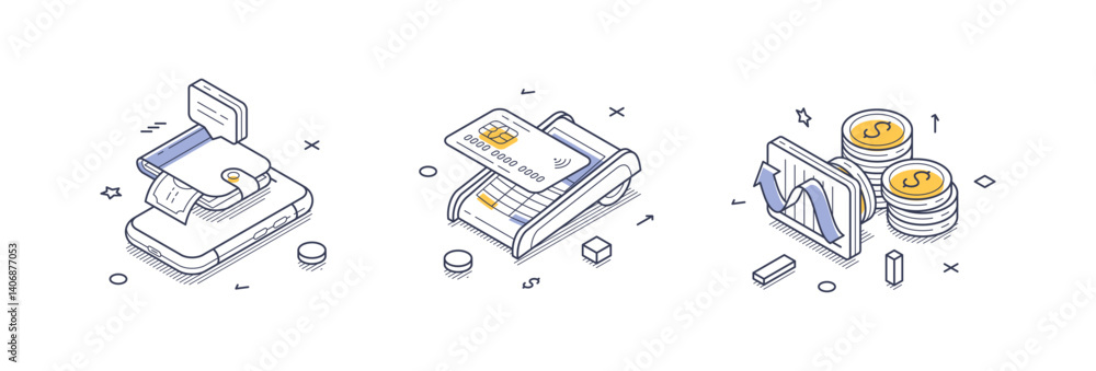 Poster isometric line icons showcasing online payment methods. set includes digital transactions, card proc