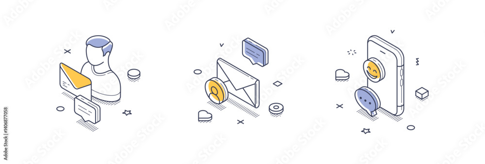Poster isometric line icons representing diverse social media elements. it includes an avatar, messaging bu