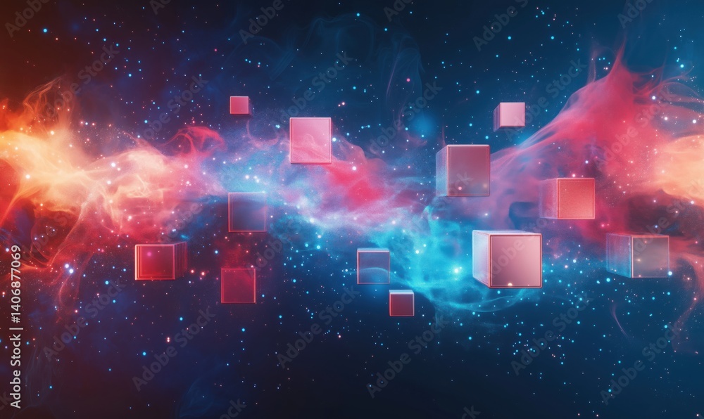 Poster cosmic abstract background with glowing cubes in vibrant colors and starry space