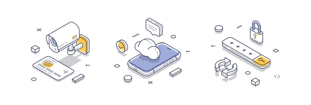 Set of isometric line icons illustrating essential internet security concepts. Features a surveillance camera, cloud storage, and secure lock symbols, highlighting the importance of safety online