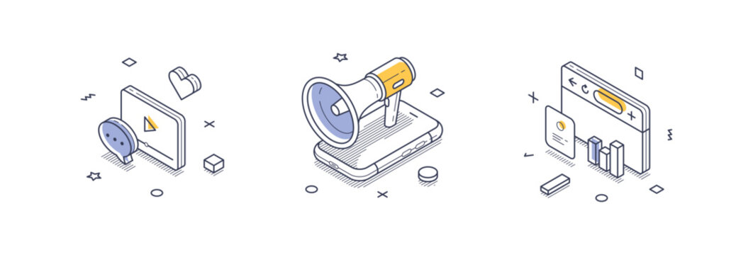 Collection of isometric line icons representing elements of social media. Included are a video player, a megaphone for announcements, and a mobile phone with engaging content.