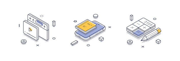 Set of isometric line icons illustrating online education concepts, including digital learning platforms, interactive modules, and educational tools.