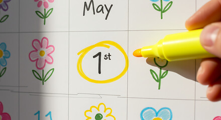 Hand highlighting May 1st on colorful calendar with flowers  